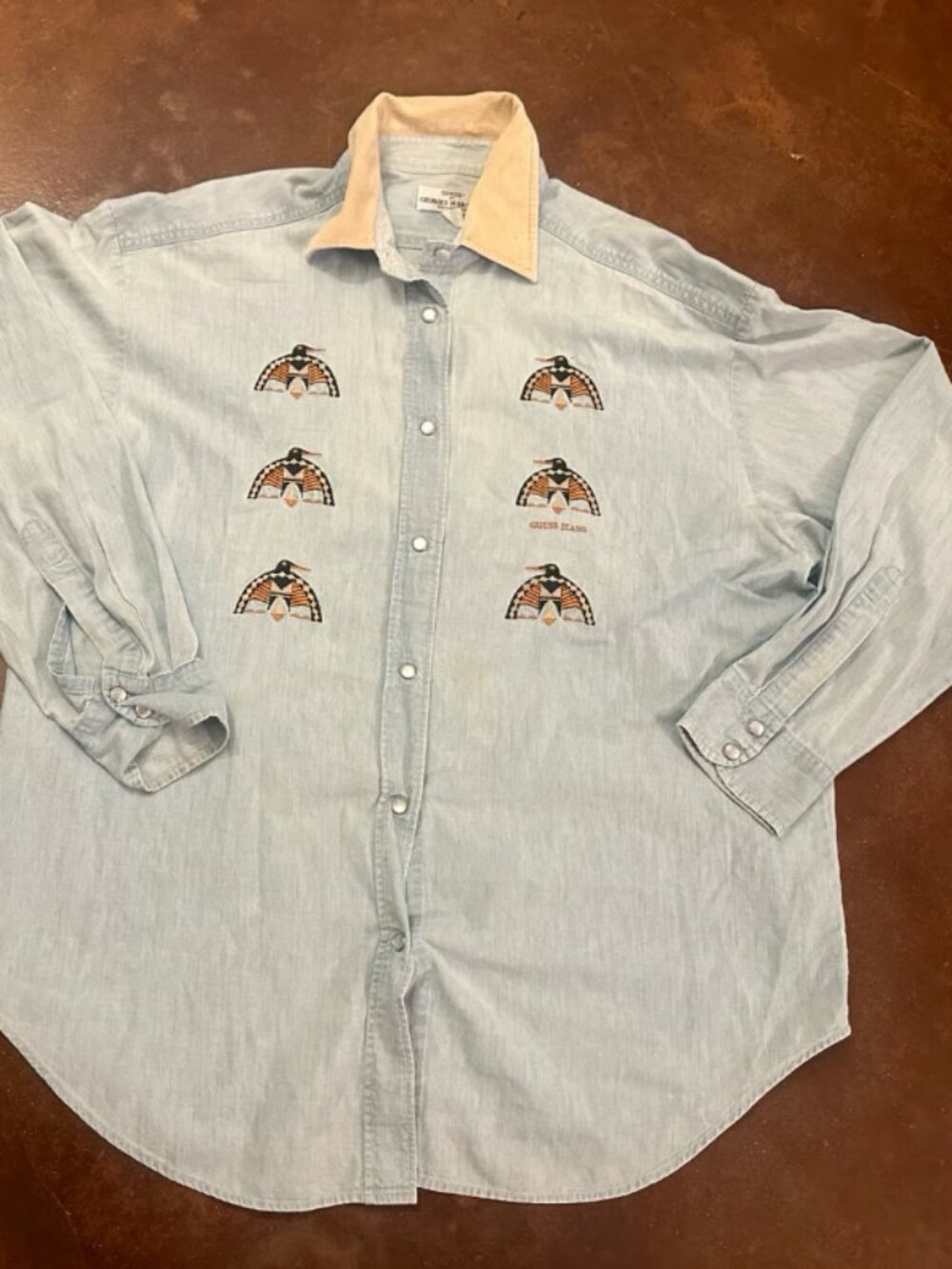 Vintage Guess by Georges Marciano Corduroy Collar Embroidered Denim Shirt Size 2